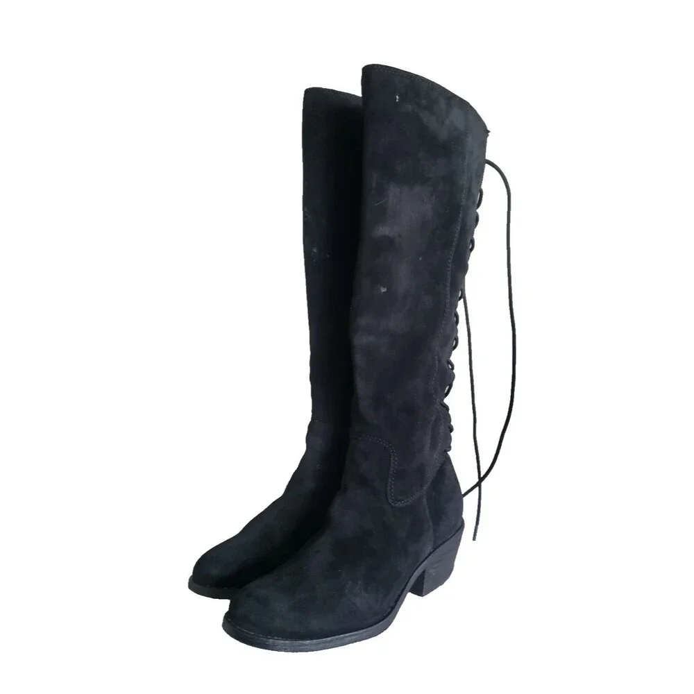 Aqua Sofft “Sharnell” Black Suede Knee High Boots Lace Up Water Resistant 6.5M